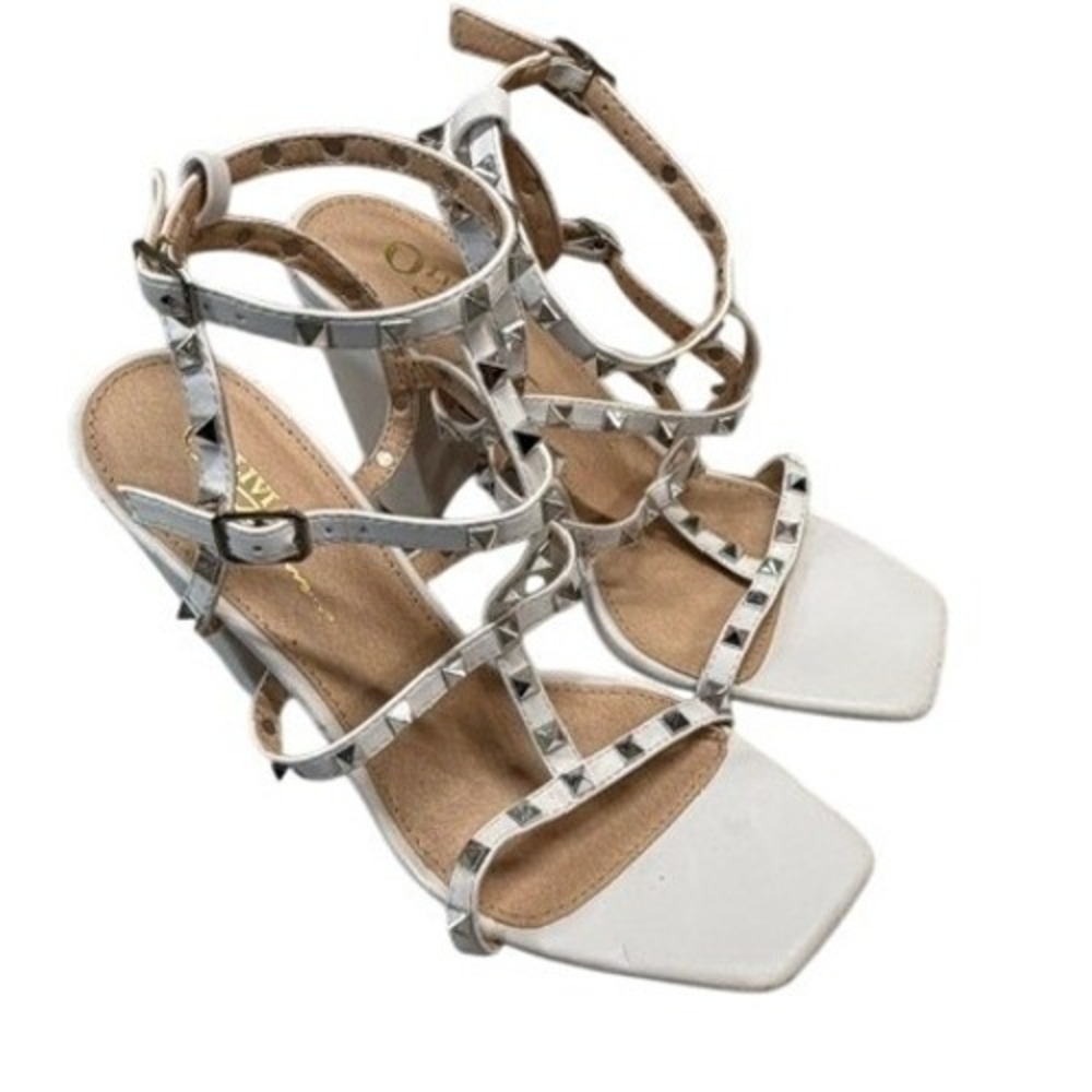 Olivia James Womens White Studded Strappy Block Heel Square Toe Sandals Size 8